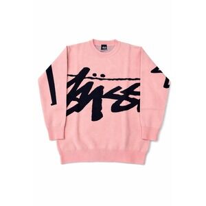 Stüssy Pink Big Logo Knit Crewneck Sweater Streetwear Pullover Oversized Small